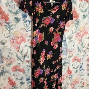 Vintage Talbots Black Midi Dress with Pink and Purple Floral Design